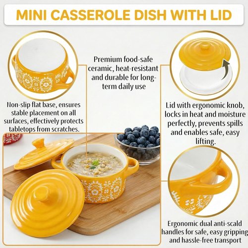 Goaste 4 Pack Porcelain Ramekins - 7 OZ Mini Casserole Dishes with Lids & Handles | Round Ceramic Cocotte Bowls for Soufflé, Crème Brûlée, Lava Cake & Soup (4 Colors)