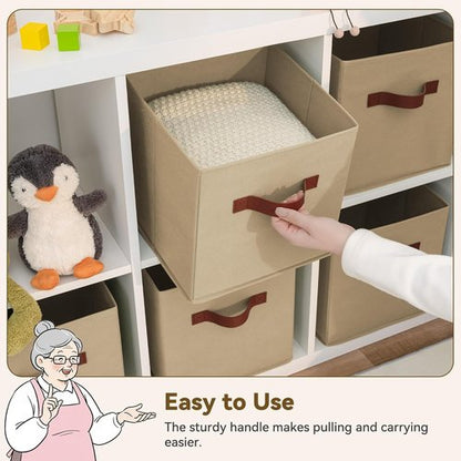 GRANNY SAYS Cube Storage Bins - 11-Inch Foldable Organizer with PU Handle, Khaki | 6-Pack for Closet & Shelves