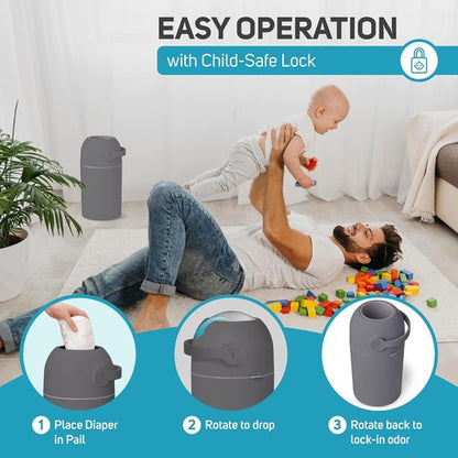 L.A. Baby Magic Diaper Pail - Odor-Free System with Child-Safe Lock - No Refills Needed - Gray