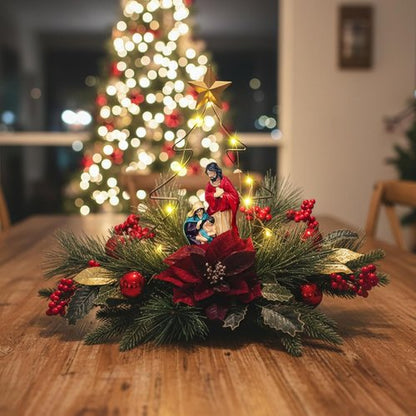 Eksen Nativity LED Christmas Tree Centerpiece - Holy Family Decoration with Warm Lights & Red Poinsettia Accents