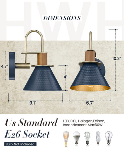 Industrial Wall Sconces Set of Two, HWH Indoor Wall Sconce 1-Light Barn Vanity Light, Gooseneck Wall Lamp for Bathroom Bedroom Bedside Kitchen, Hammered Metal Shade, Navy Blue Finish, 5HZG74B-2 BL+BG