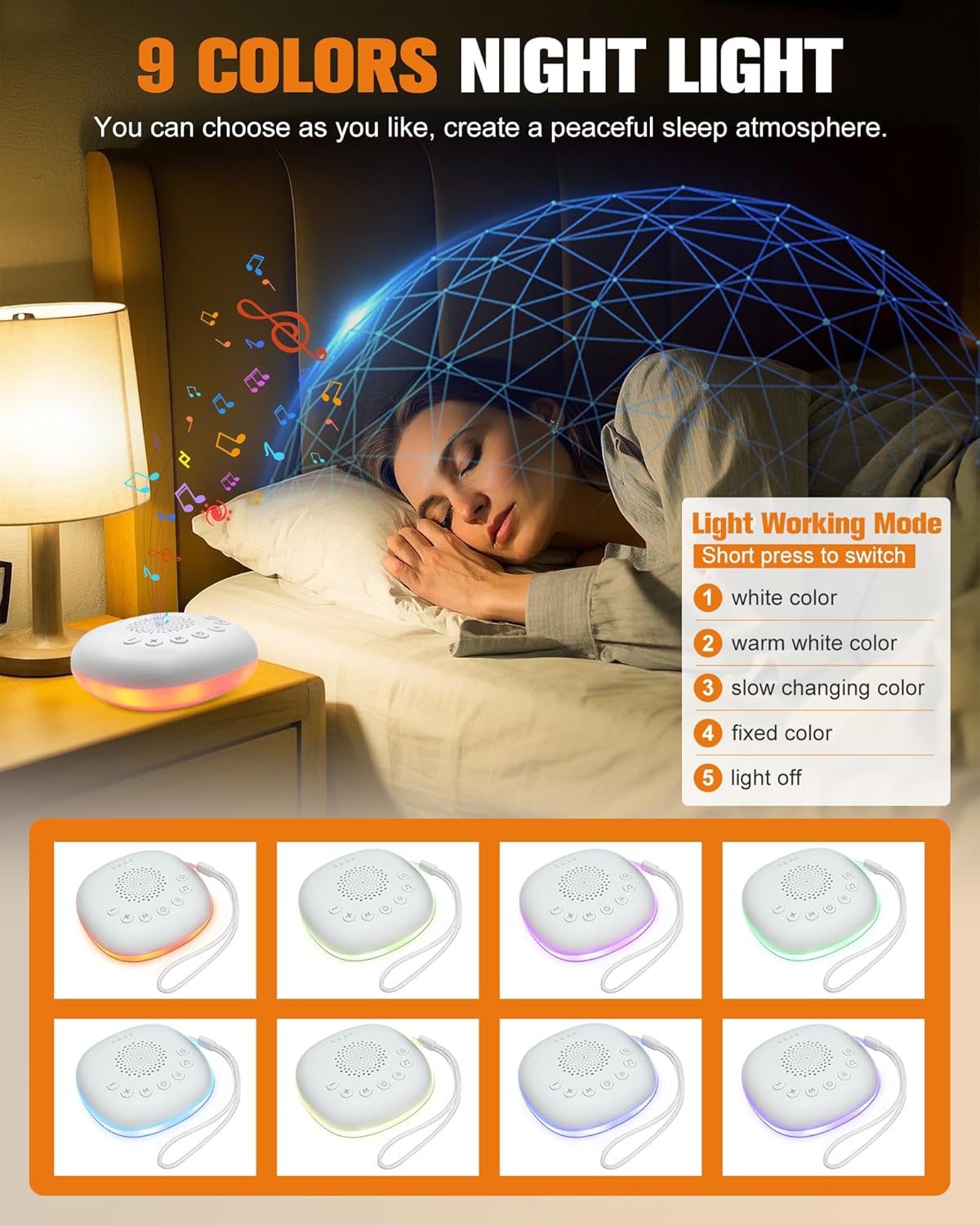 White Noise Sound Machine by [Brand Name] - Portable Sleep Aid with 20 Soothing Sounds & Night Light