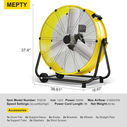 MEPTY 36-Inch Industrial Drum Fan, 21800 CFM High Velocity Floor Fan, 3-Speed Heavy Duty Metal Air Circulator for Shop, Warehouse, Workshop, Garage, Factory, 600W