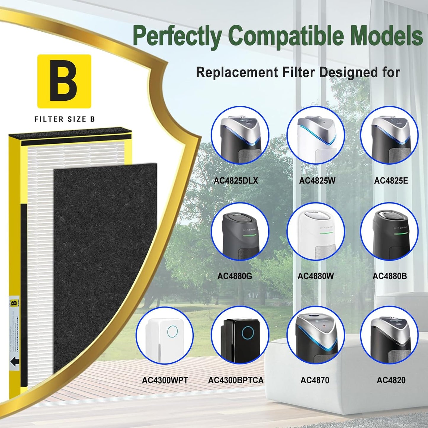 **FLT4825 HEPA Filter B Replacement - Compatible with GermGuardian Air Purifiers | 2 True HEPA + 8 Carbon Pre-Filters**