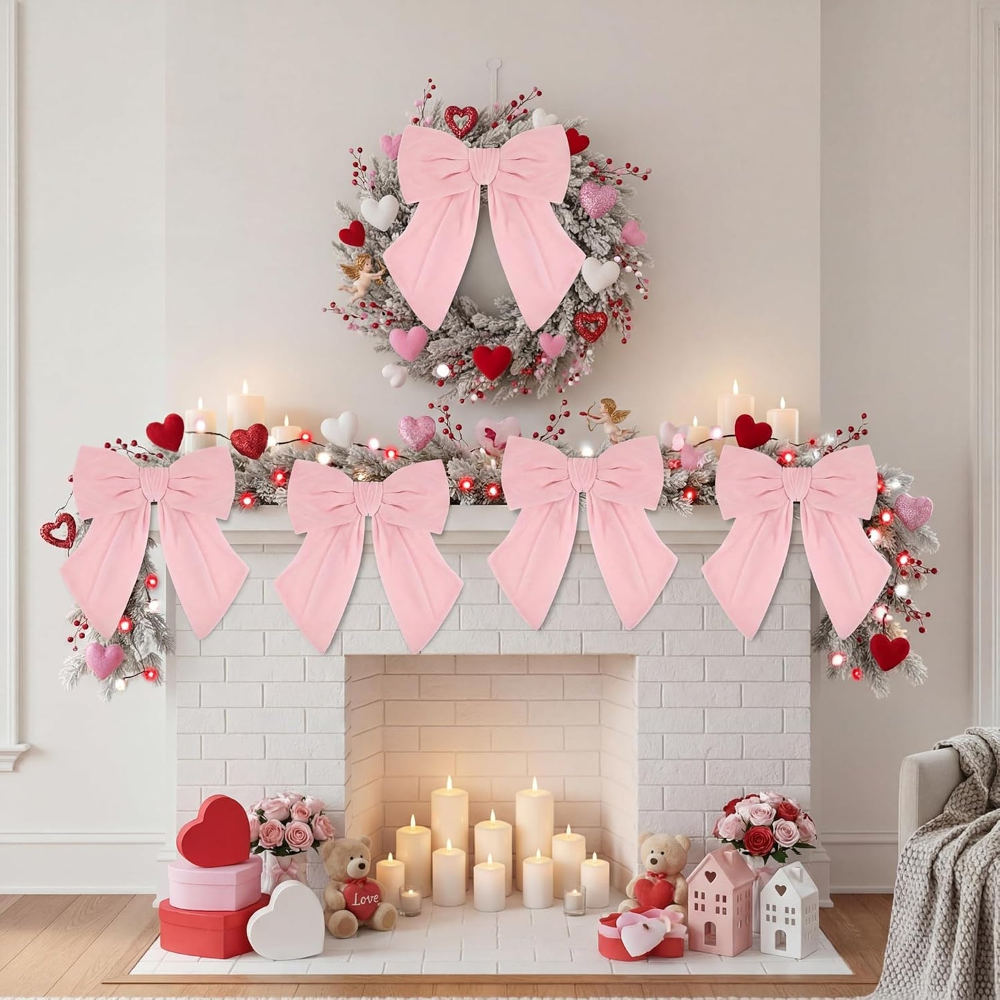 Riceshoot Velvet Bows - 5 Pcs Large 11'' x 16'' Pre-Tied Ribbon for Valentine's Day Gift Wrapping | Light Pink