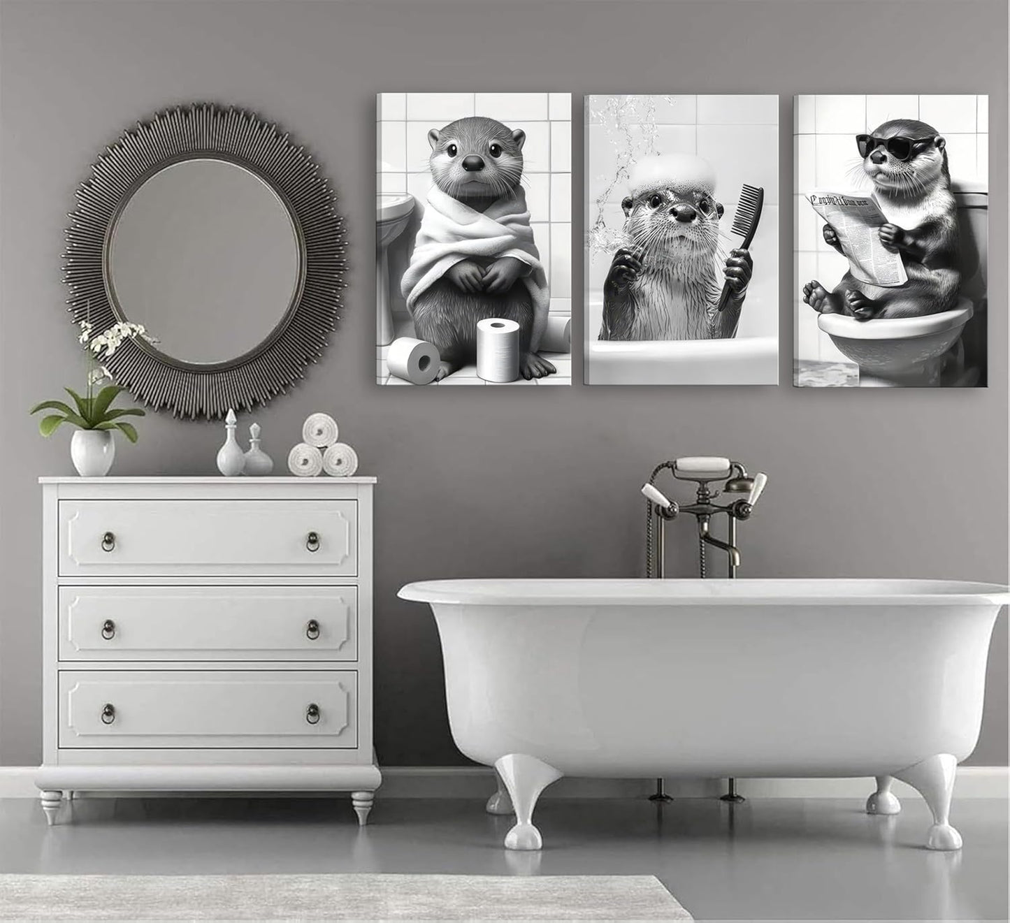 Skiennix Cute Otter Canvas Wall Art - Funny Black and White Animal Print for Bathroom Decor | 3-Piece Set