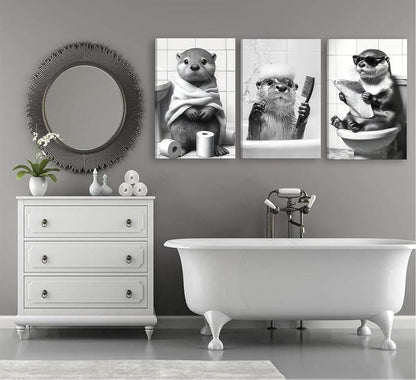 Skiennix Cute Otter Canvas Wall Art - Funny Black and White Animal Print for Bathroom Decor | 3-Piece Set