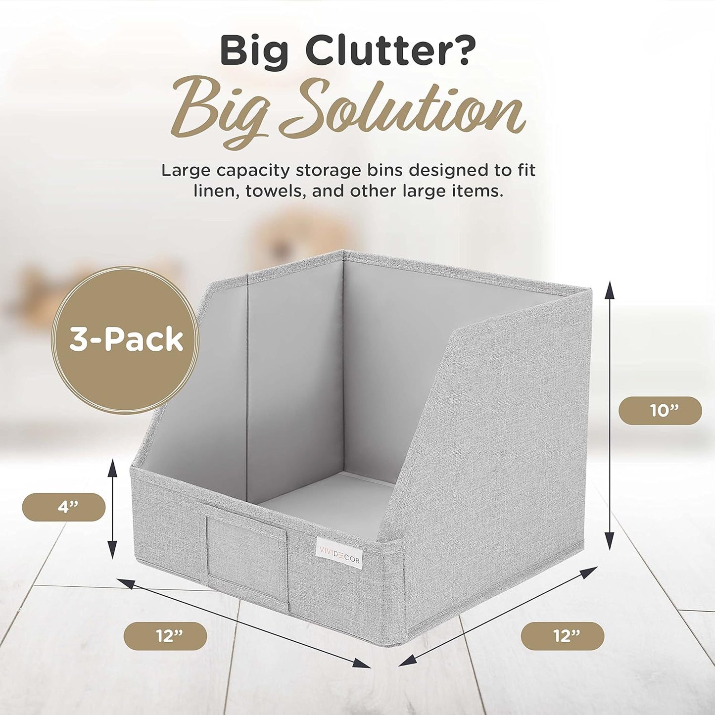 VIVIDECOR Trapezoid Closet Bins - 12x12x10 Fabric Storage Baskets | Light Gray, 3-Pack Collapsible Organizers