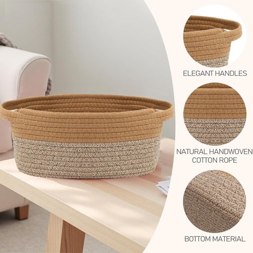 JMvicyroam Woven Basket - Small Rope Storage Bin with Handles for Organizing Shelves | Jute & Brown