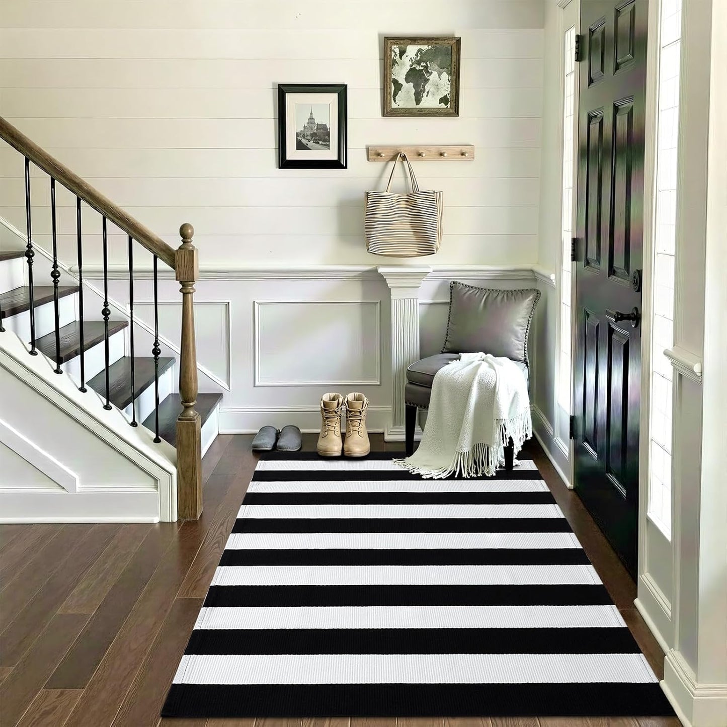 OLANLY Striped Rug - Washable Black and White Cotton Doormat | 3' x 5' for Indoor & Outdoor Use