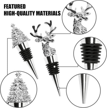 2Pack Christmas Wine Stopper, Elk & Christmas Tree Shape Decorative Wine Bottle Stopper, Food-Grade Silicone & Zinc Alloy Airtight Wine Cork for Wine Champagne, Xmas Party Home Bar Holiday Gift Silver