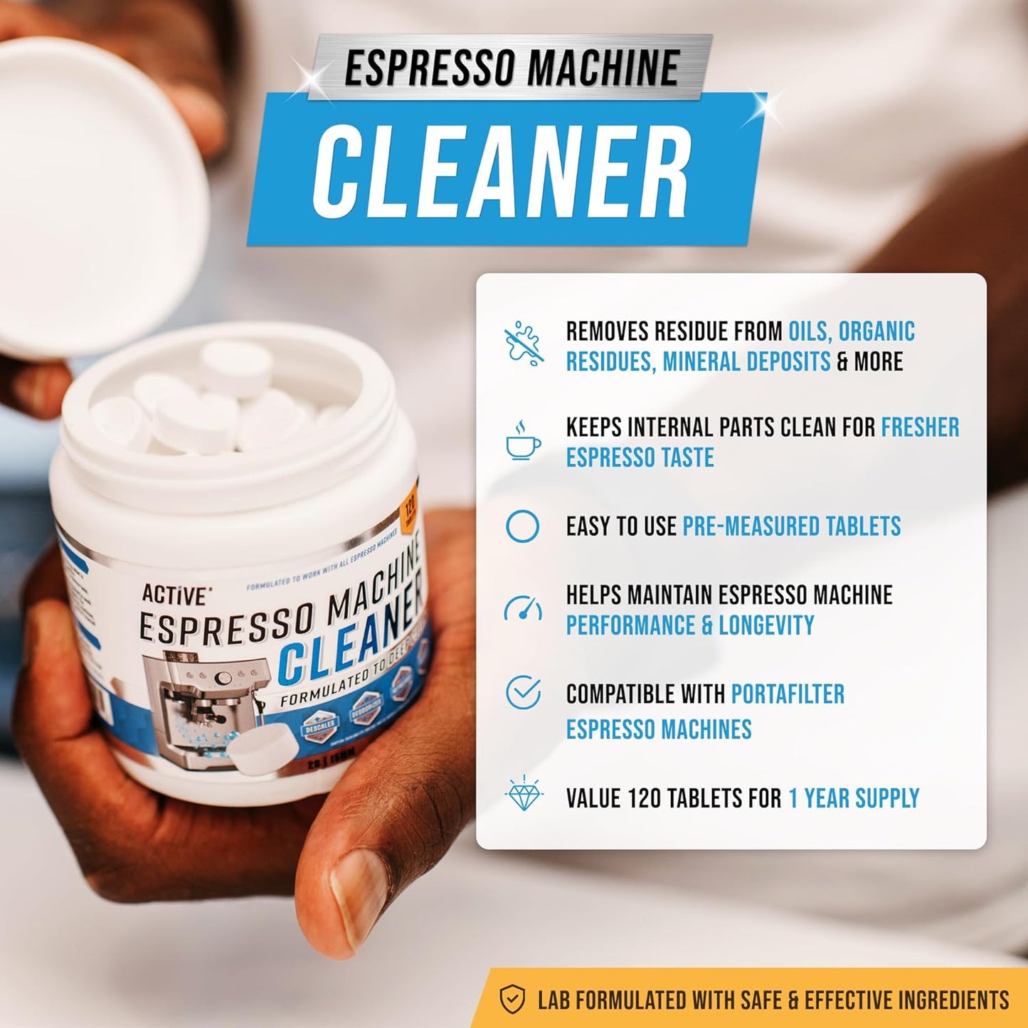 ACTIVE Espresso Machine Cleaning Tablets - 120 Tabs | Descaling Solution for Breville, Gaggia, Delonghi & More