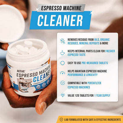 ACTIVE Espresso Machine Cleaning Tablets - 120 Tabs | Descaling Solution for Breville, Gaggia, Delonghi & More