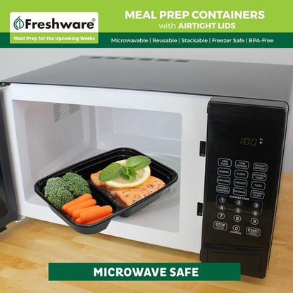 Freshware Meal Prep Containers - 15 Pack 2-Compartment Food Storage Bento Boxes | BPA-Free, Stackable, 28 oz, Black