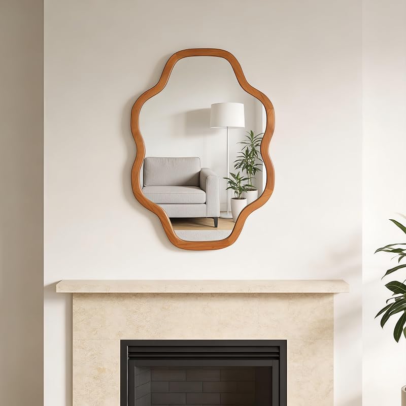 Cloud-Shaped Wall Mirror 20x30 in with Solid Wood Frame, Tempered Glass, Irregular Silhouette - Yellowish-Brown