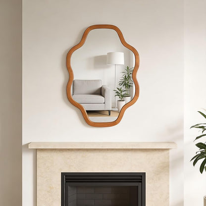 Cloud-Shaped Wall Mirror 20x30 in with Solid Wood Frame, Tempered Glass, Irregular Silhouette - Yellowish-Brown