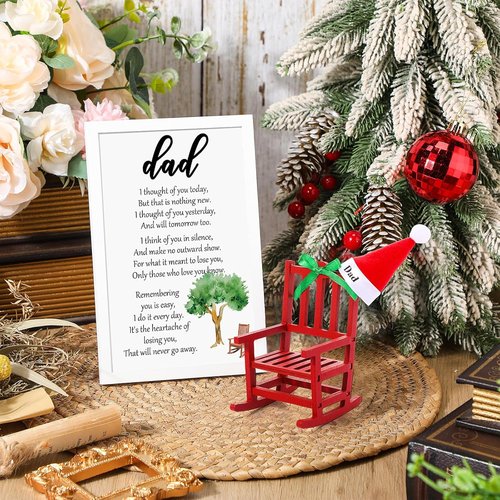 Hoolerry Christmas In Heaven Memorial Sign - Cardinal Wooden Remembrance Ornament for Dad | Miniature Rocking Chair with Santa Hat