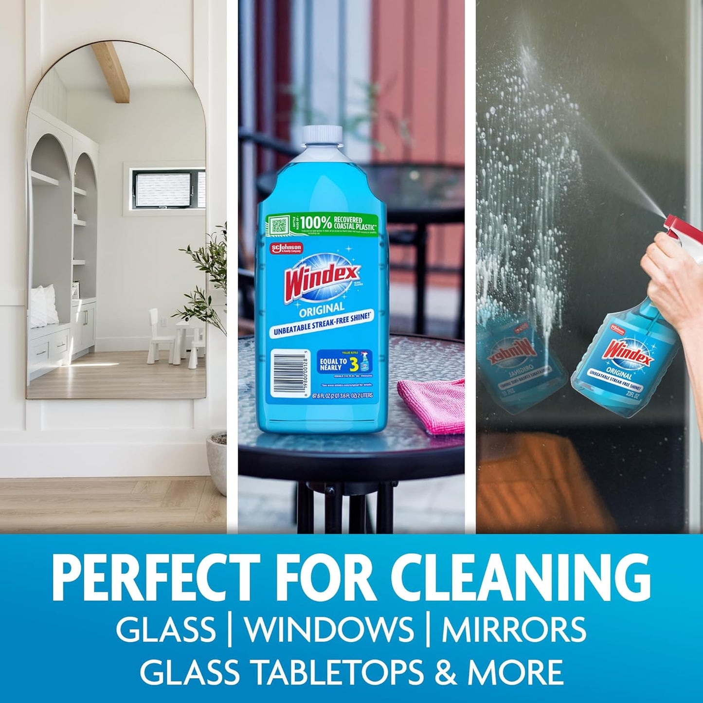 Windex Glass & Window Cleaner Refill - Eco-Friendly 100% Recycled Plastic, Original Blue Scent, 2L (Pack of 2)