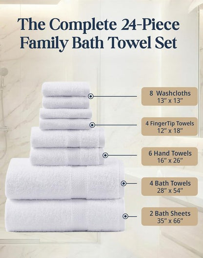 LANE LINEN 100% Cotton Towel Set - Soft, Absorbent & Durable | 24-Piece Hotel Quality in White