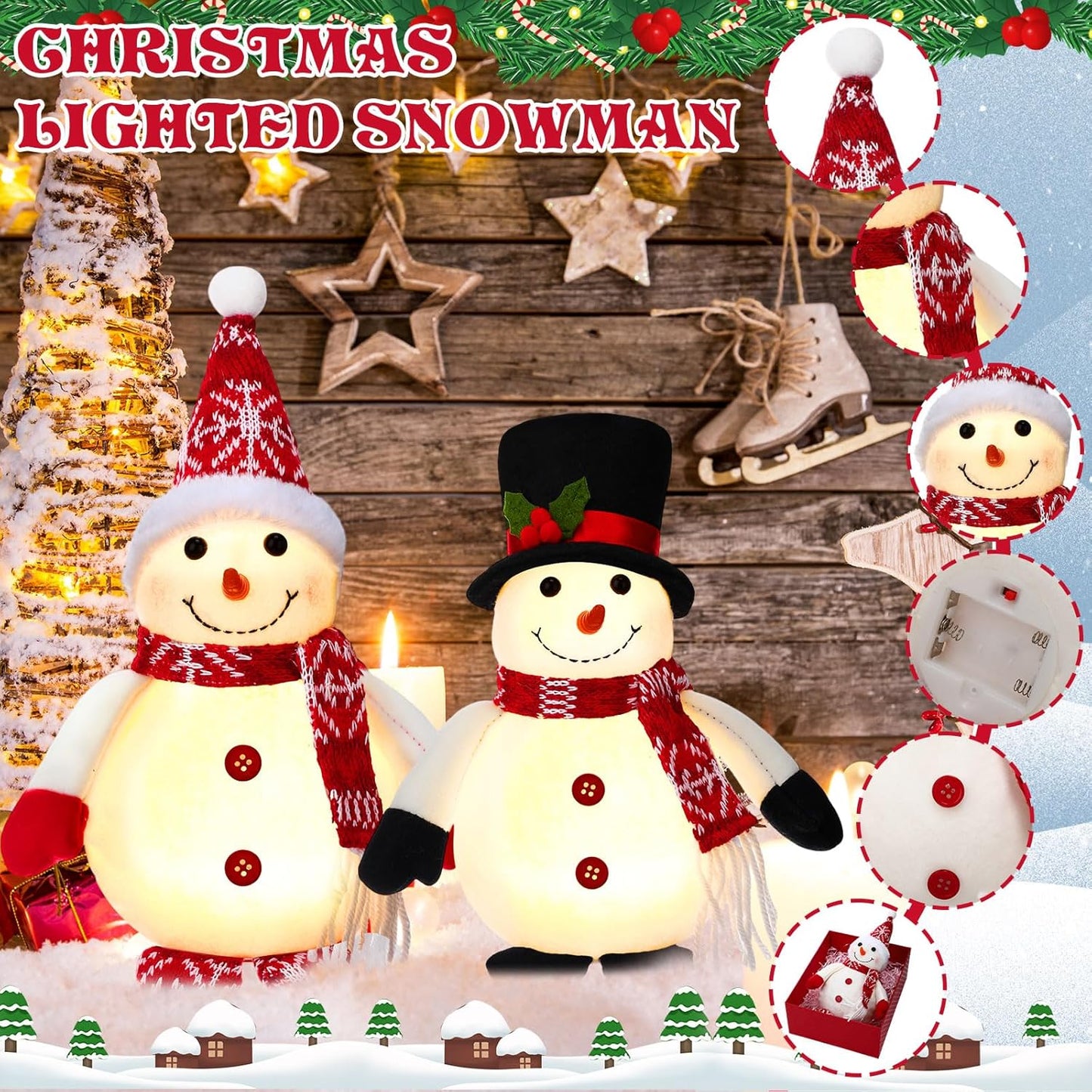 Tujoe Lighted LED Snowman Figurines - 10 Inch Christmas Tabletop Decor | Battery Operated Holiday Ornament