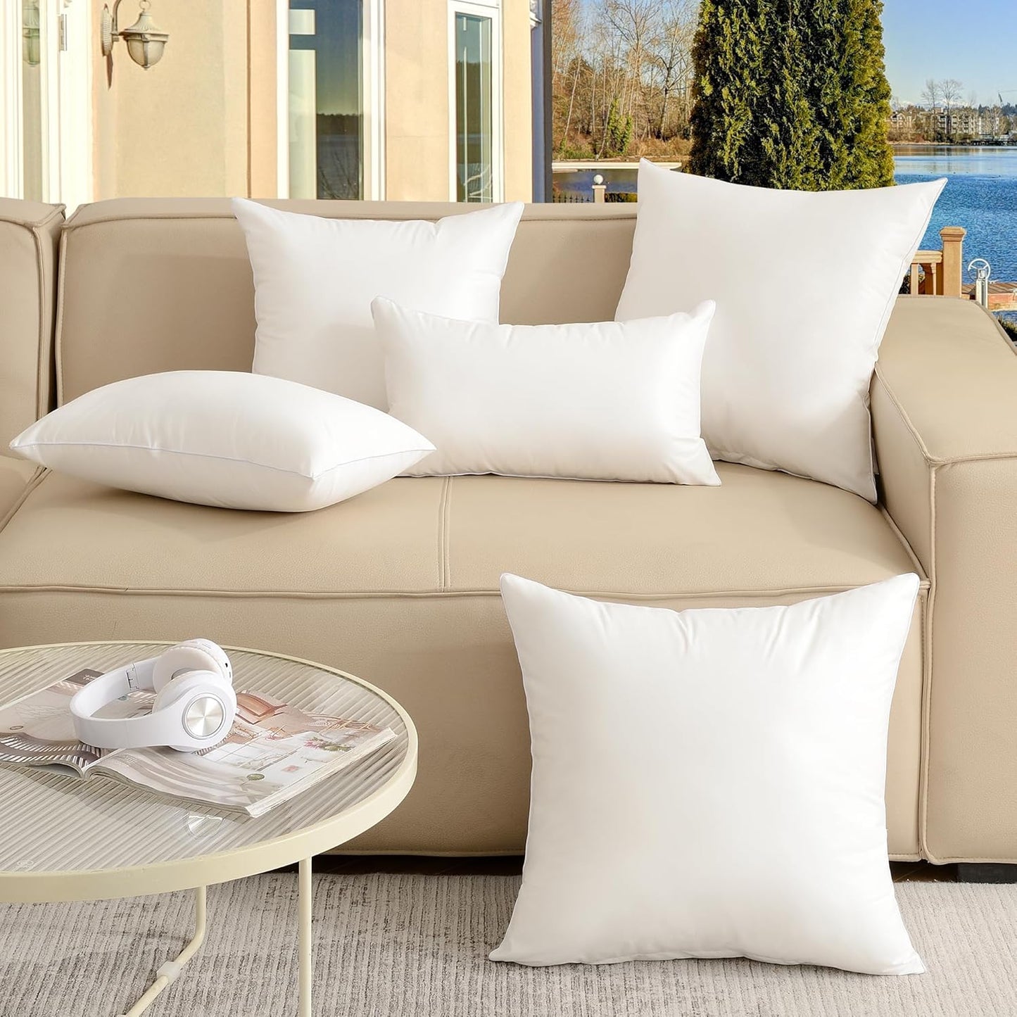 Oubonun 20x20 Waterproof Outdoor Pillow Inserts - Decorative Square Throw Pillows for Couch & Patio | Pack of 2 - White