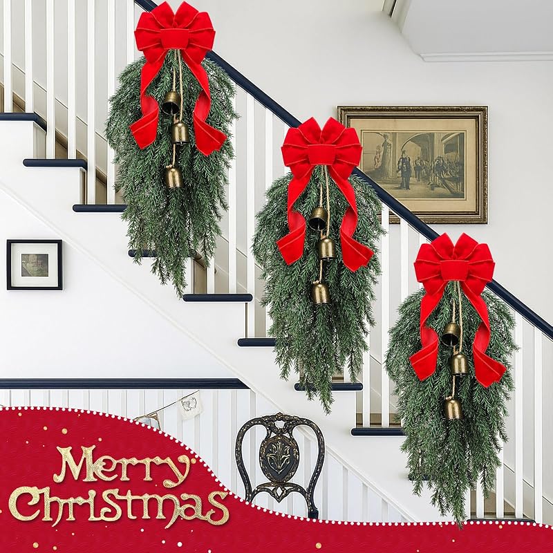 Dingion 23.6in Teardrop Christmas Swag with Bells & Red Bow - Faux Spruce Variation of THIS listing Faux Spruce