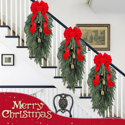 Dingion 23.6in Teardrop Christmas Swag with Bells & Red Bow - Faux Spruce Variation of THIS listing Faux Spruce