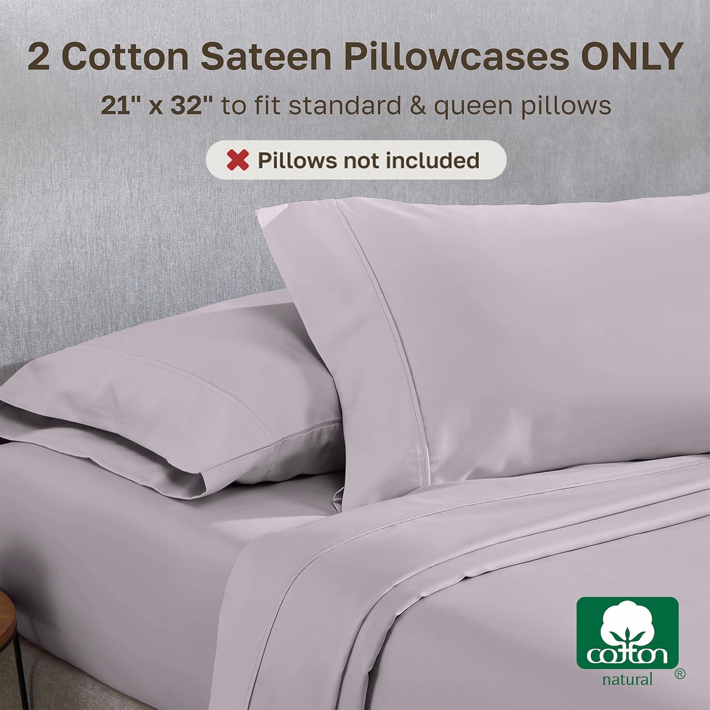 California Design Den Pillowcase Set | 400 Thread Count 100% Cotton Sateen | Soft & Breathable | Queen Size - Dusky Lavender Grey