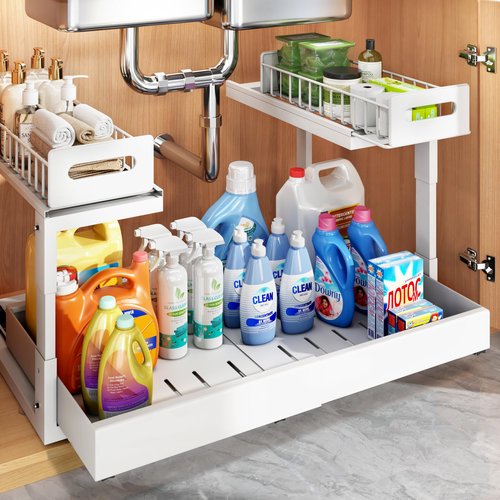 1 Pack Expandable Under Sink Organizers And Storage With Upgrade Professional Rails,2-Tier Pull Out Under Cabinet Organizer Height Adjustable,Slide Out Under Sink Drawers For Kitchen Bathroom-White
