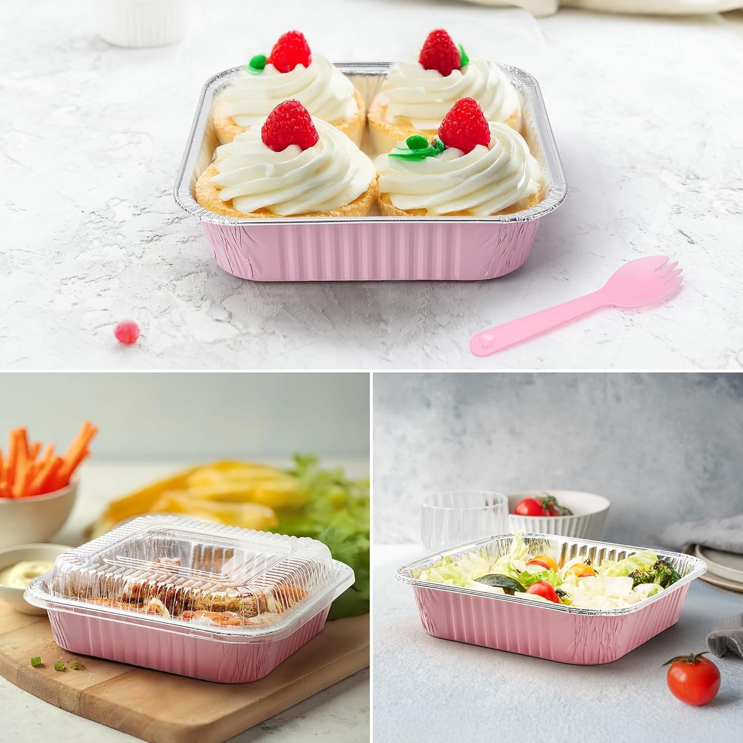 Regine Switzerland 35-Pack Pink 8x8 Inch Disposable Aluminum Foil Pans - Eco-Friendly Baking Trays with Lids & Stickers