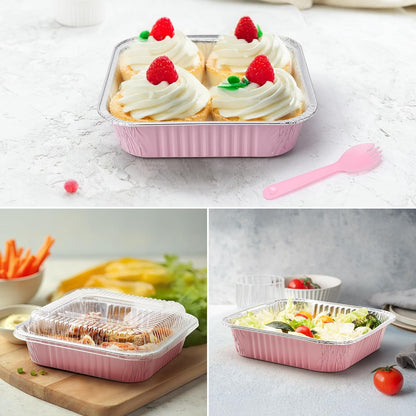 Regine Switzerland 35-Pack Pink 8x8 Inch Disposable Aluminum Foil Pans - Eco-Friendly Baking Trays with Lids & Stickers