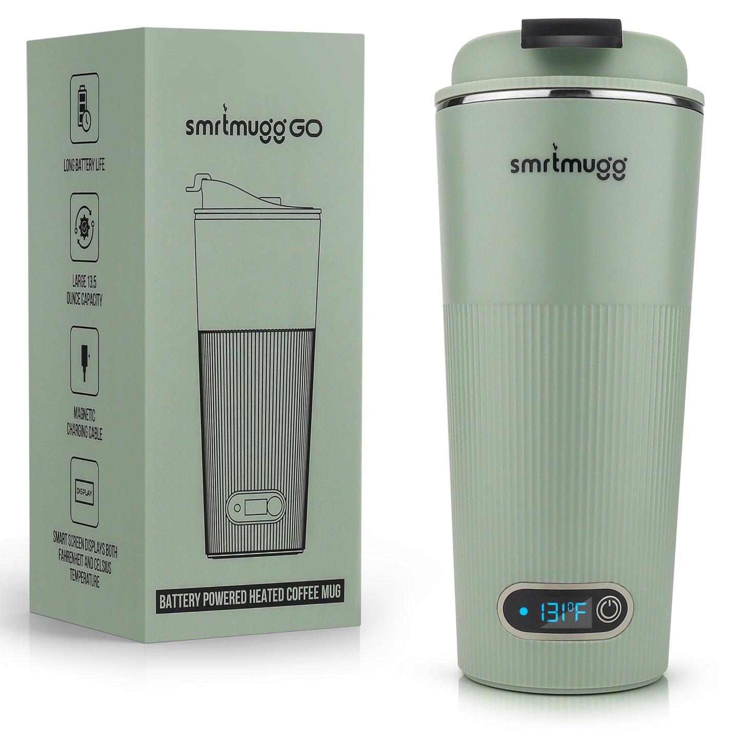 SmrtMugg GO Heated Coffee Mug, Travel Mug, 13.5 OZ. Smart Mug, Battery Powered Heated Coffee Mug, Great for Coffee and Tea, Snap on Magnetic Charging Cord, New and Improved (Mint Green)