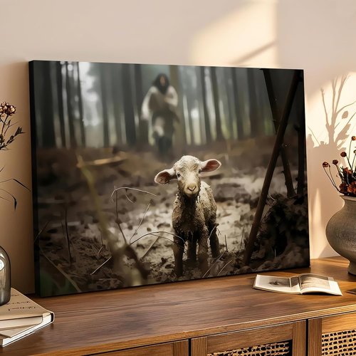 Framed Jesus Christ Wall Art - Canvas Painting of Jesus and Lamb | Biblical Decor 12" x 16"