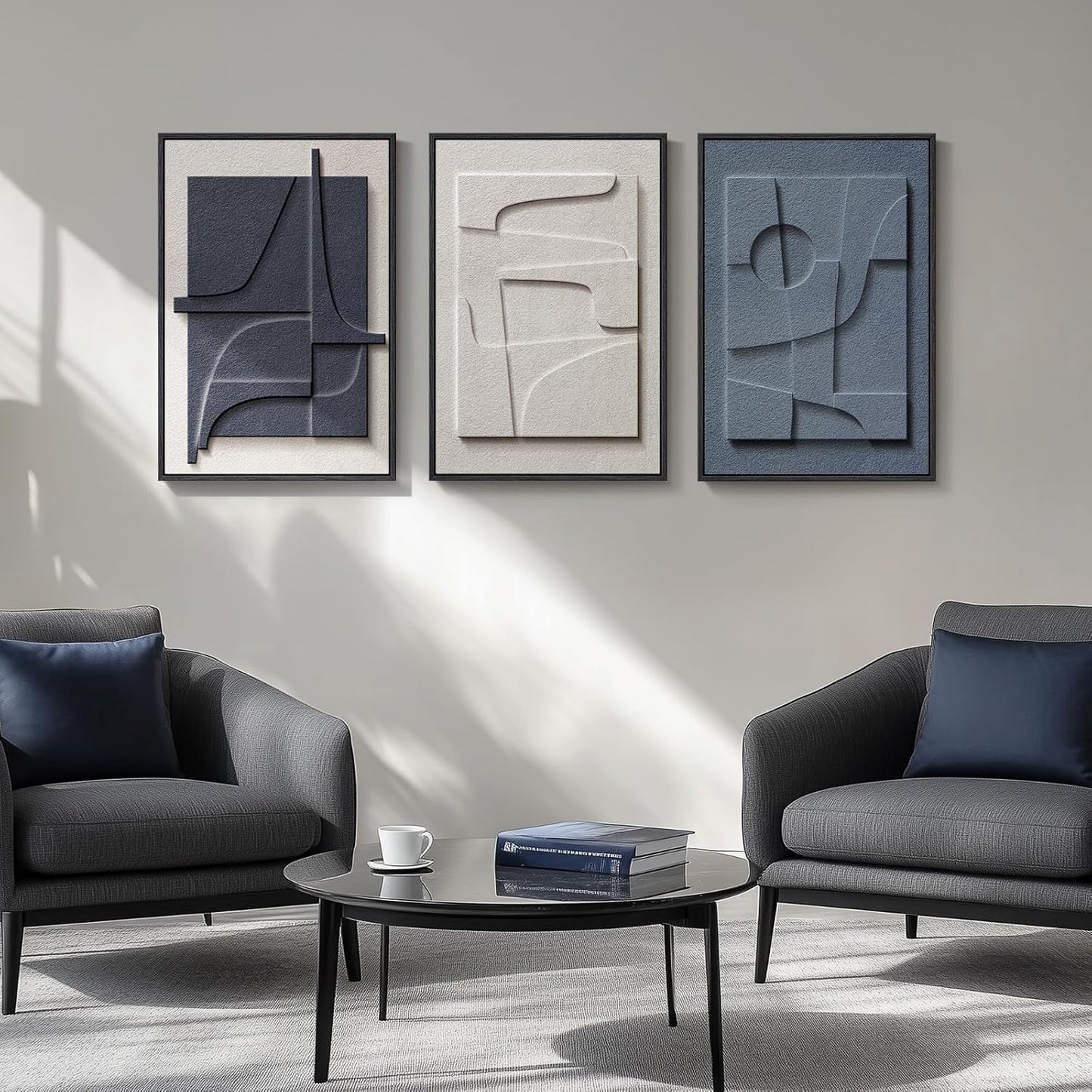 3D Textured Framed Blue and White Abstract Wall Art - Modern 3-Piece Geometric Artwork | 16x24 In for Living Room, Bedroom, Office
