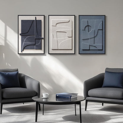 3D Textured Framed Blue and White Abstract Wall Art - Modern 3-Piece Geometric Artwork | 16x24 In for Living Room, Bedroom, Office