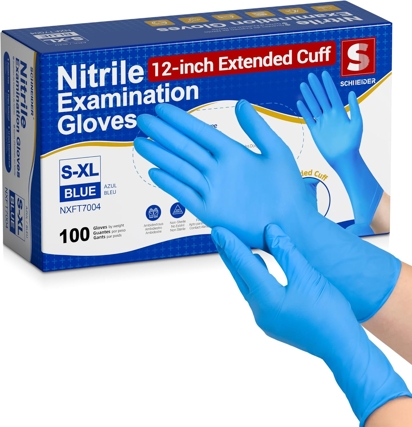 Schneider Nitrile Exam Gloves - 4 Mil Thickness, 12-Inch Extended Cuff | 100-Count Medium Box