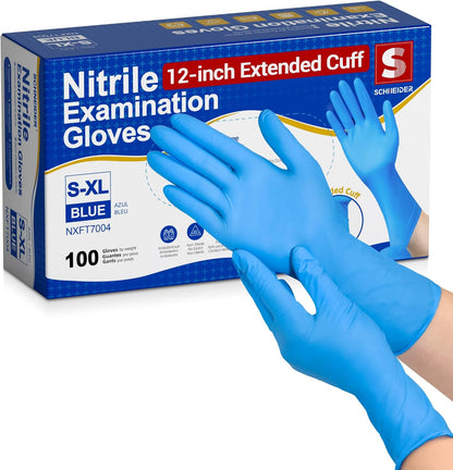 Schneider Nitrile Exam Gloves - 4 Mil Thickness, 12-Inch Extended Cuff | 100-Count Medium Box
