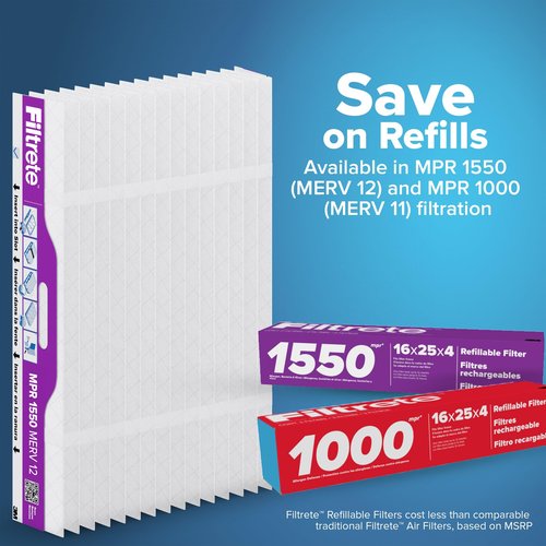 Filtrete 16x25x4 Refillable Air Filter Starter Kit, MPR 1550, MERV 12, 1 Reusable Air Filter Frame & 2 Air Filters, Fits Honeywell & Lennox, Allergen Bacteria & Virus, actual size 15.88 x 24.62 x 4.25