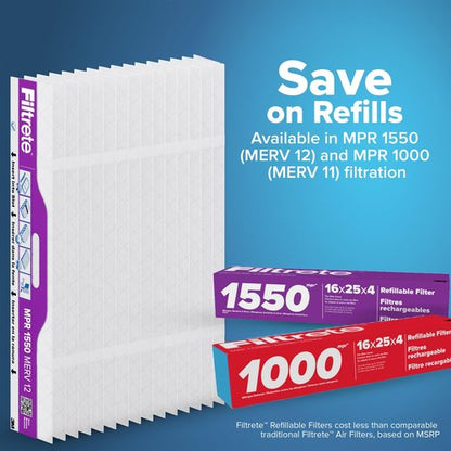 Filtrete 16x25x4 Refillable Air Filter Starter Kit, MPR 1550, MERV 12, 1 Reusable Air Filter Frame & 2 Air Filters, Fits Honeywell & Lennox, Allergen Bacteria & Virus, actual size 15.88 x 24.62 x 4.25