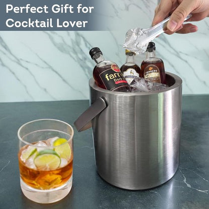 Lily's Home Double Wall Insulated Small Ice Bucket with Bamboo Lid - Stainless Steel Ice Holder with Tongs and Strainer, Ideal for Parties,Camping,Kitchen, Tiki Bar, Cocktail Bar, Portable & Mini,1.3L