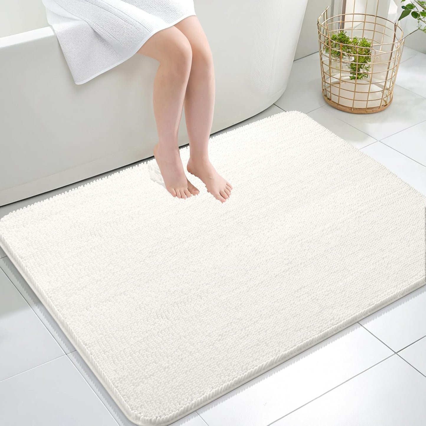 OLANLY Large Bathroom Rugs - Extra Soft Chenille Bath Mats | Quick Dry, Machine Washable, Ivory 40x32