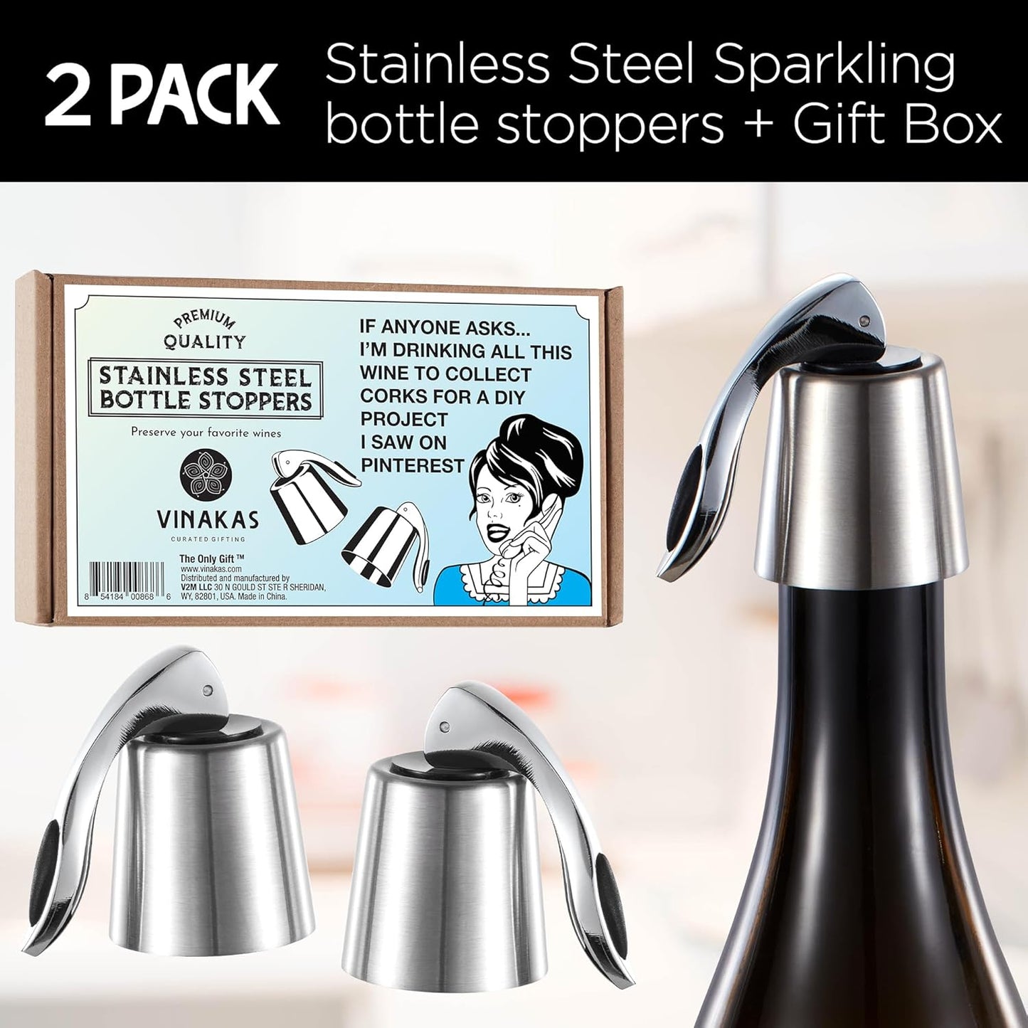 Stainless Steel Bottle Sealer & Wine Topper – Premium Wine Lover Gifts, Wine Gifts for Women and Men – Airtight Champagne Stopper for Sparkling Wine – Wine Essentials Gifts