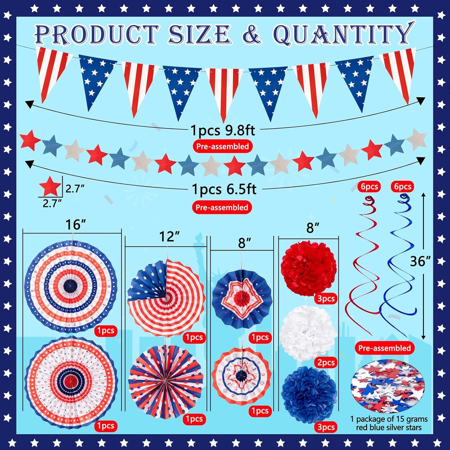 Red White Blue 29PCS Fourth of July Decorations Set | USA Flag Pennant, Paper Fans & Pom Poms