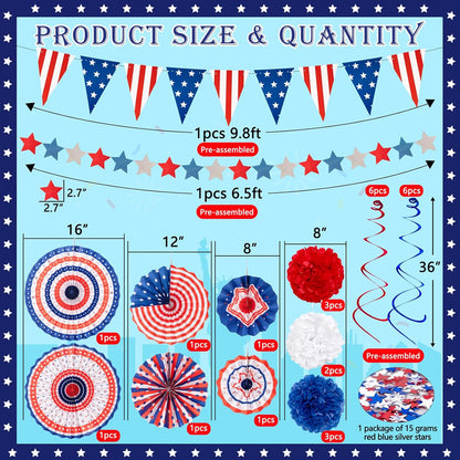 Red White Blue 29PCS Fourth of July Decorations Set | USA Flag Pennant, Paper Fans & Pom Poms