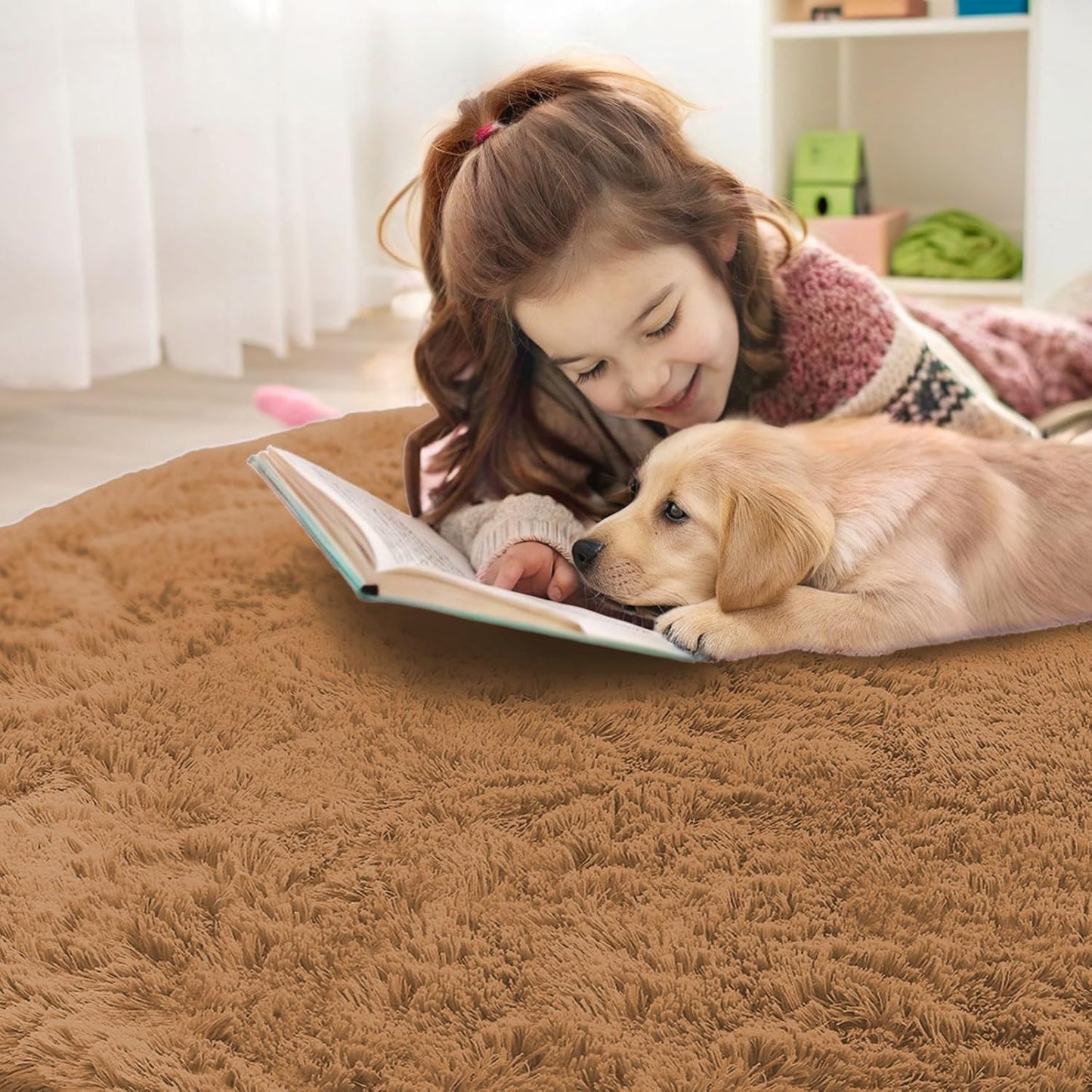 OLANLY Round Khaki Area Rug - Soft, Fluffy, Machine Washable 9 ft Circle Carpet for Bedroom & Living Room