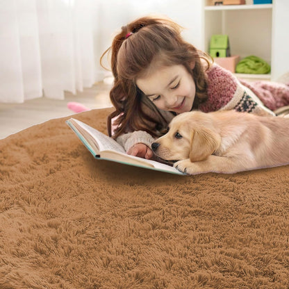 OLANLY Round Khaki Area Rug - Soft, Fluffy, Machine Washable 9 ft Circle Carpet for Bedroom & Living Room