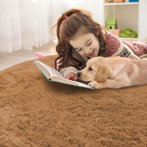 OLANLY Khaki Round Rugs for Bedroom - Machine Washable, 4 ft Circle Area Rugs for Living Room, Soft and Fluffy Shaggy Carpet for Teen Girl and Boys, Nursery Rooms, Dorms, Home Decor Aesthetic