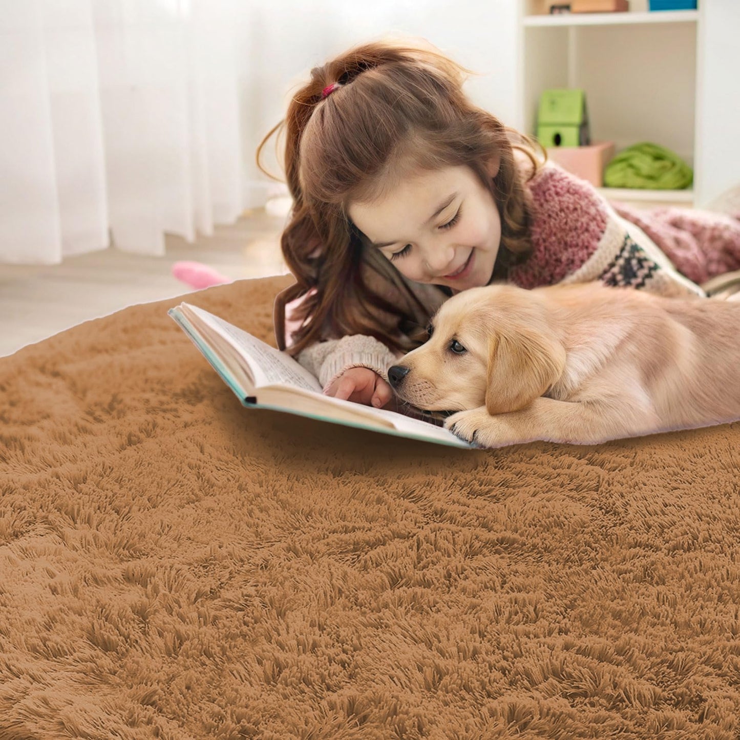 OLANLY Khaki Round Rugs for Bedroom - Machine Washable, 6 ft Circle Area Rugs for Living Room, Soft and Fluffy Shaggy Carpet for Teen Girl and Boys, Nursery Rooms, Dorms, Home Decor Aesthetic