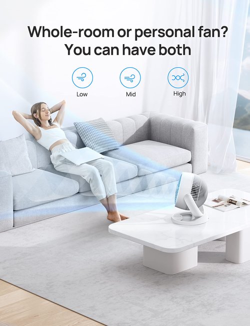 Dreo 11.8" Air Circulator Fan, Desk Fan, 70ft Whole Room Air Circulation, Table Fan, 120° adjustable tilt, 3 Speed, 28db Low Noise, Quiet, Portable Fan for Bedroom, Office, Kitchen, Home, White