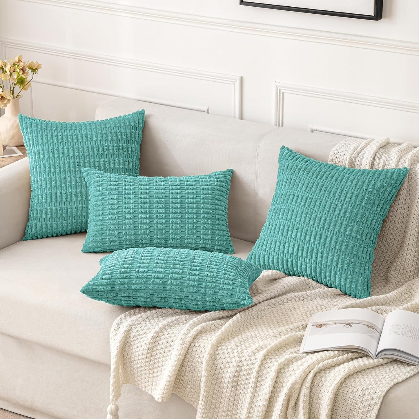 MIULEE Corduroy Throw Pillow Covers - Soft Boho Striped Design | 18x18 Inch Aqua Green for Modern Farmhouse Decor